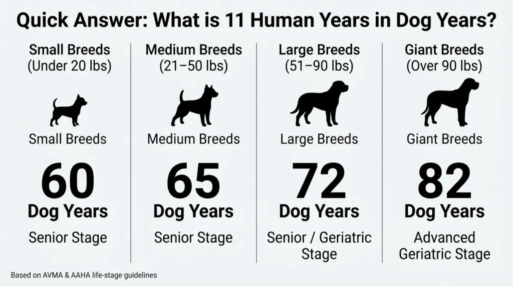 An infographic chart displaying how 11 human years convert to dog years across four breed sizes: Small (60 dog years), Medium (65 dog years), Large (72 dog years), and Giant (82 dog years), classified by weight.