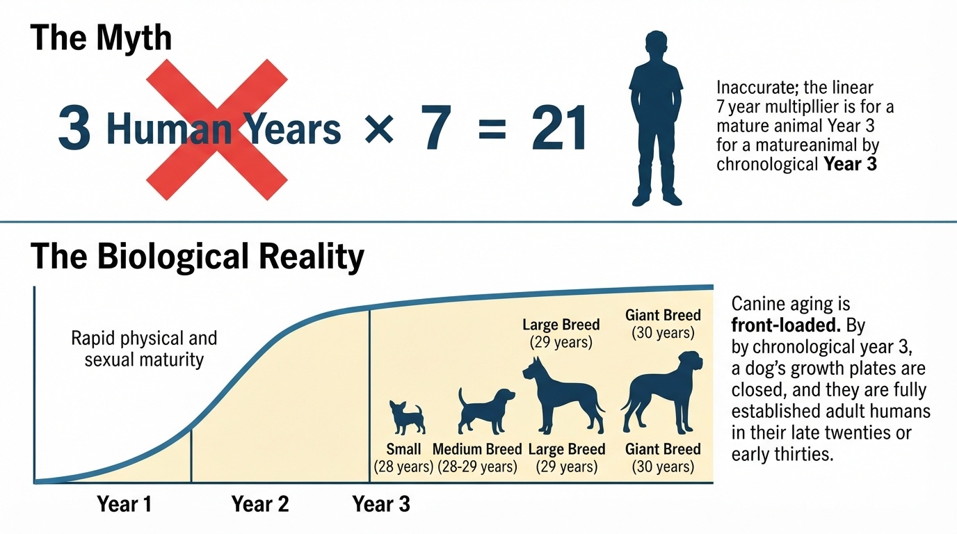 An infographic by dogagescalculatoR debunking the 7-year dog age myth and illustrating how canine aging is front-loaded based on breed size.
