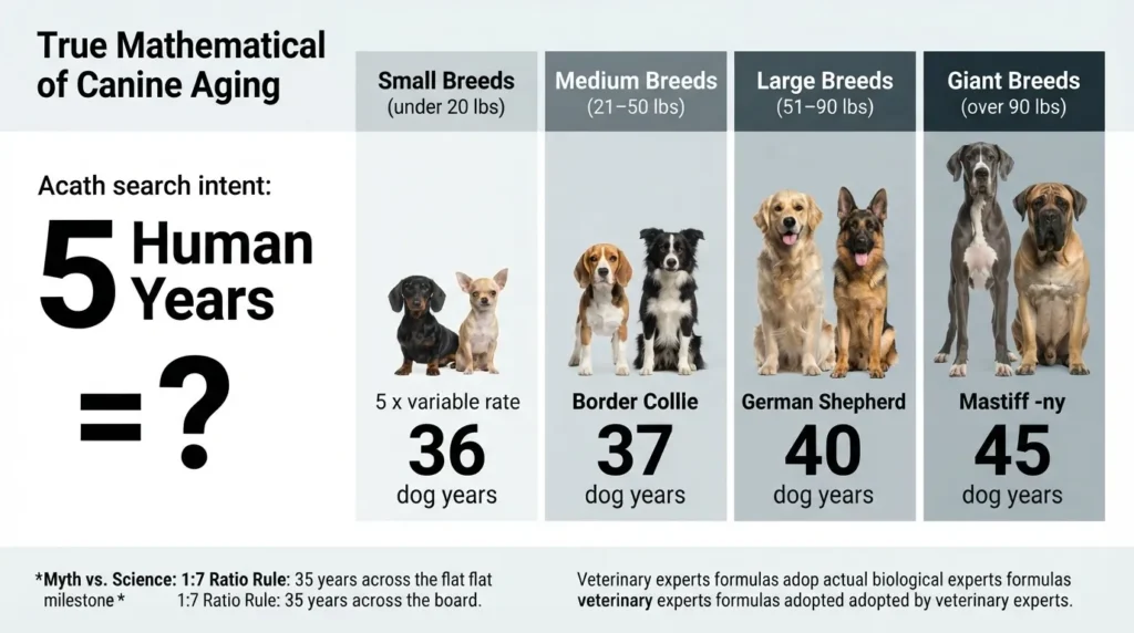 An infographic by Dog Ages Calculator detailing the 'True Mathematical of Canine Aging' comparing 5 human years to dog years across small, medium, large, and giant dog breed categories.