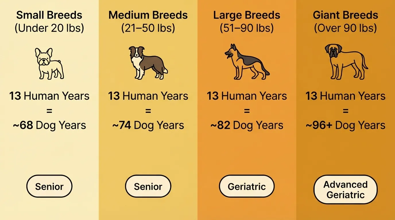 An infographic comparing 13 human years to dog years across four categories: Small Breeds (under 20 lbs) equal ~68 dog years (Senior), Medium Breeds (21-50 lbs) equal ~74 dog years (Senior), Large Breeds (51-90 lbs) equal ~82 dog years (Geriatric), and Giant Breeds (over 90 lbs) equal ~96+ dog years (Advanced Geriatric).