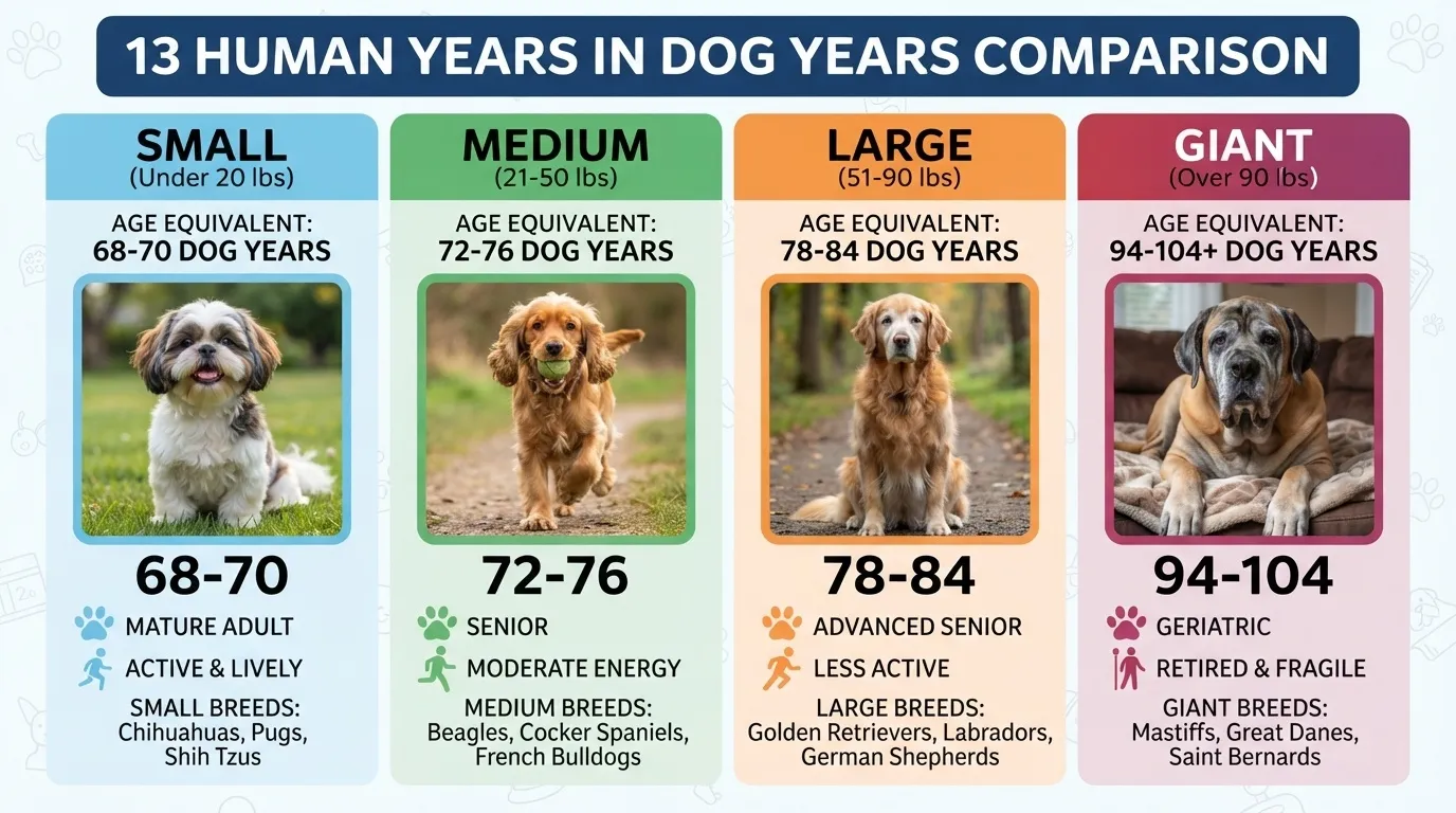 An infographic chart comparing 13 human years in dog years across small, medium, large, and giant dog breeds with age equivalents and life stages.