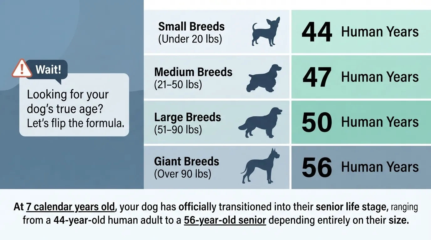 An infographic chart from dogagescalculator showing how a 7-year-old dog converts to human years based on breed size: Small (44 human years), Medium (47 human years), Large (50 human years), and Giant (56 human years).