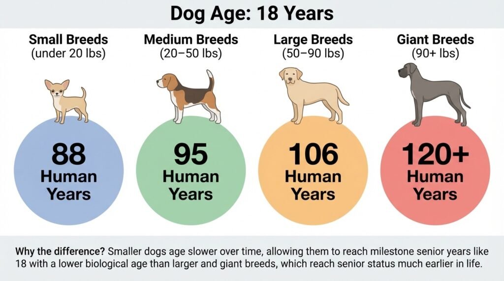 An infographic showing how an 18-year-old dog's age translates to human years across small, medium, large, and giant breeds.