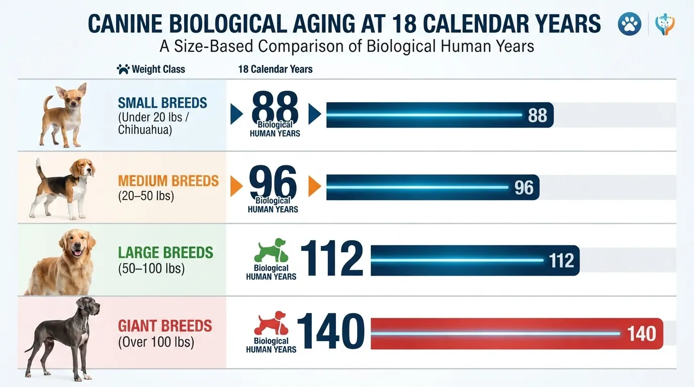 An infographic titled 'Canine Biological Aging at 18 Calendar Years' showing the biological human age equivalent for small (88 years), medium (96 years), large (112 years), and giant breeds (140 years).