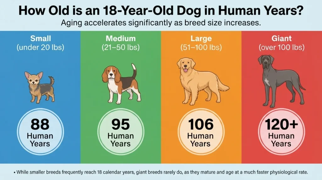 An infographic by Dog Ages Calculator illustrating the human age equivalent of an 18-year-old dog across four categories: Small (88 human years), Medium (95 human years), Large (106 human years), and Giant (120+ human years).