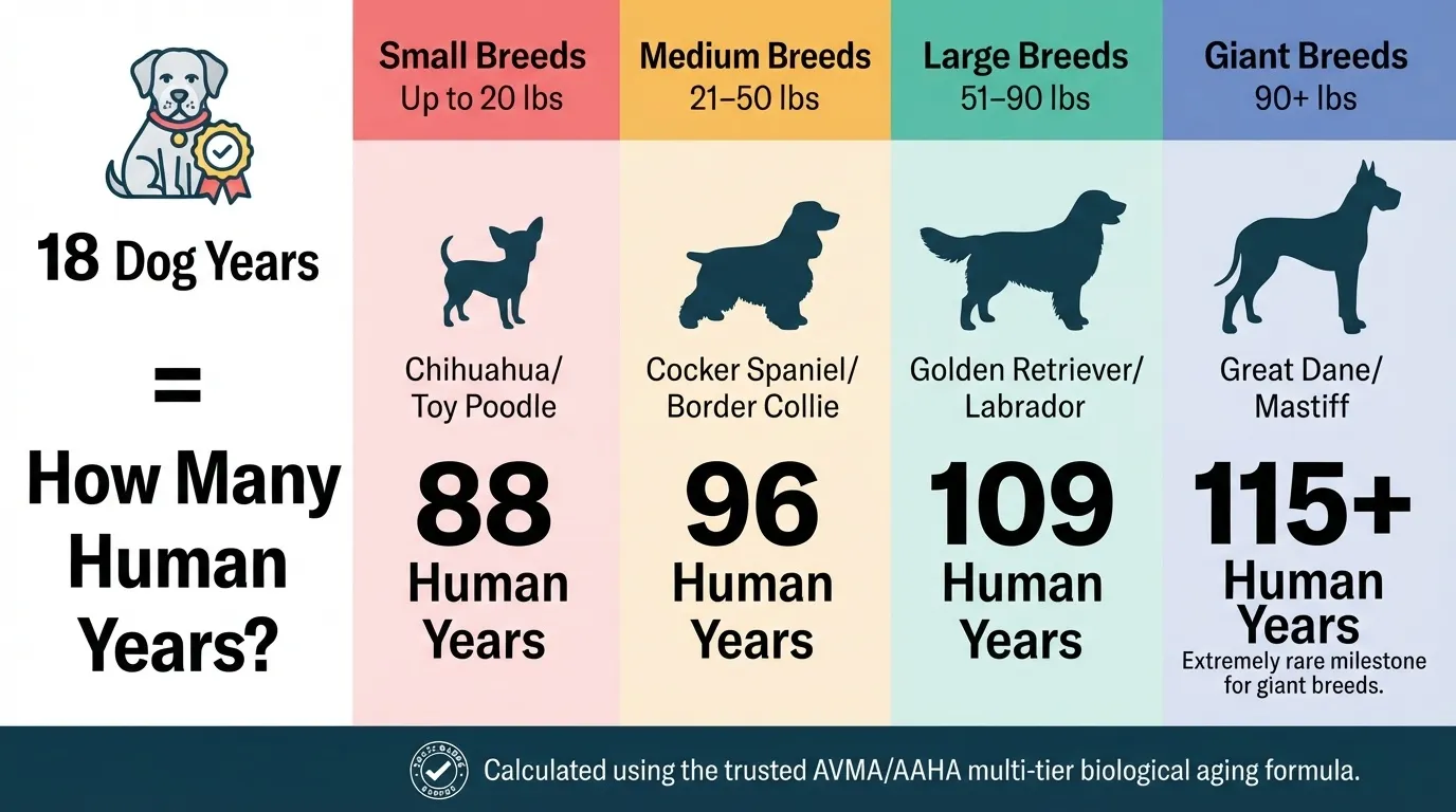 An educational infographic from Dog Ages Calculator showing how 18 dog years translates to human years across small (88 human years), medium (96), large (109), and giant breeds (115+) using the AVMA/AAHA aging formula.