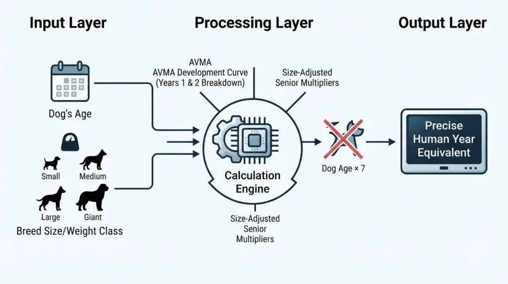 An infographic diagram outlining the Input, Processing, and Output layers of the dog age calculator, detailing how chronological age and breed weight class are processed through AVMA development curves to yield an accurate human age equivalent.