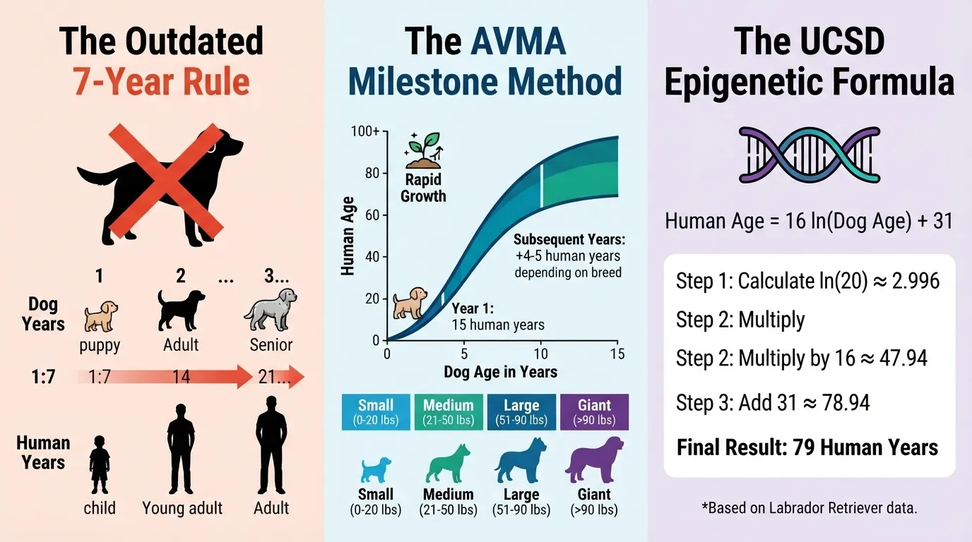 An infographic comparing three methods for calculating dog age in human years: the outdated 7-Year Rule, the AVMA Milestone Method, and the UCSD Epigenetic Formula with calculations.