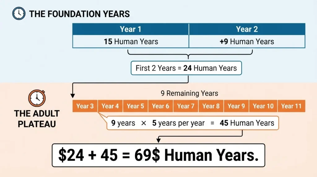 An infographic diagram explaining the calculation of dog years to human years, showing 'The Foundation Years' (first two years equaling 24 human years) and 'The Adult Plateau' (additional years adding 5 human years each) to calculate a total of 69 human years for an 11-year-old dog.