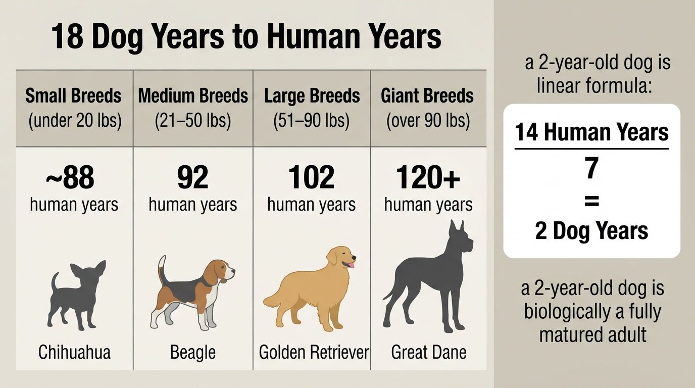 An infographic chart displaying '18 Dog Years to Human Years' comparison across Small Breeds like Chihuahua (~88 human years), Medium Breeds like Beagle (92 human years), Large Breeds like Golden Retriever (102 human years), and Giant Breeds like Great Dane (120+ human years), with a linear formula box on the right side.