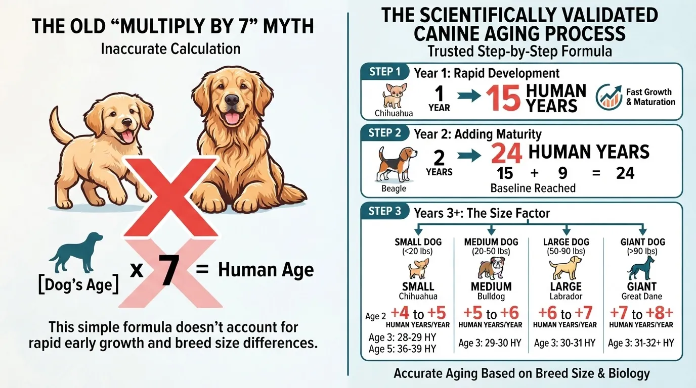 An informative infographic by dogagescalculator comparing the traditional 'multiply by 7' myth with the scientifically validated 3-step canine aging process based on breed size.