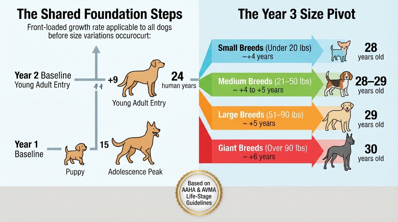 An informative dog age chart infographic by dogagescalculatoR illustrating 'The Shared Foundation Steps' and 'The Year 3 Size Pivot' based on AAHA and AVMA life-stage guidelines.