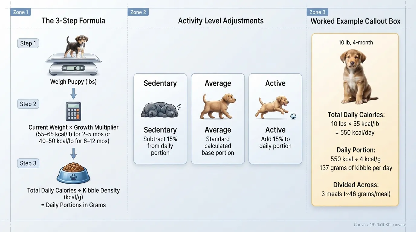 Infographic illustrating a step-by-step formula for calculating a French Bulldog puppy's daily calorie needs and portion adjustments based on activity level.