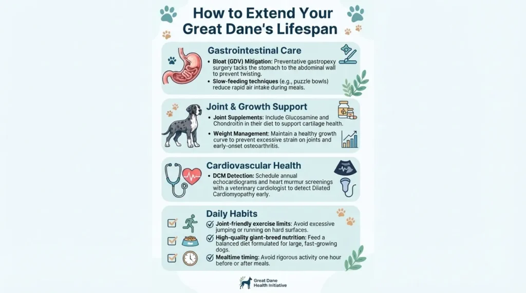An educational infographic titled 'How to Extend Your Great Dane's Lifespan' showcasing veterinary health advice on gastrointestinal care, joint support, cardiovascular health, and daily habits for giant breed dogs.