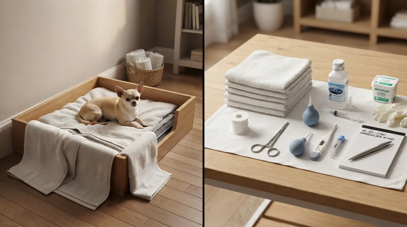 A cozy Chihuahua whelping box setup with clean towels, a heating pad, a digital thermometer, and an emergency puppy kit prepared for labor.