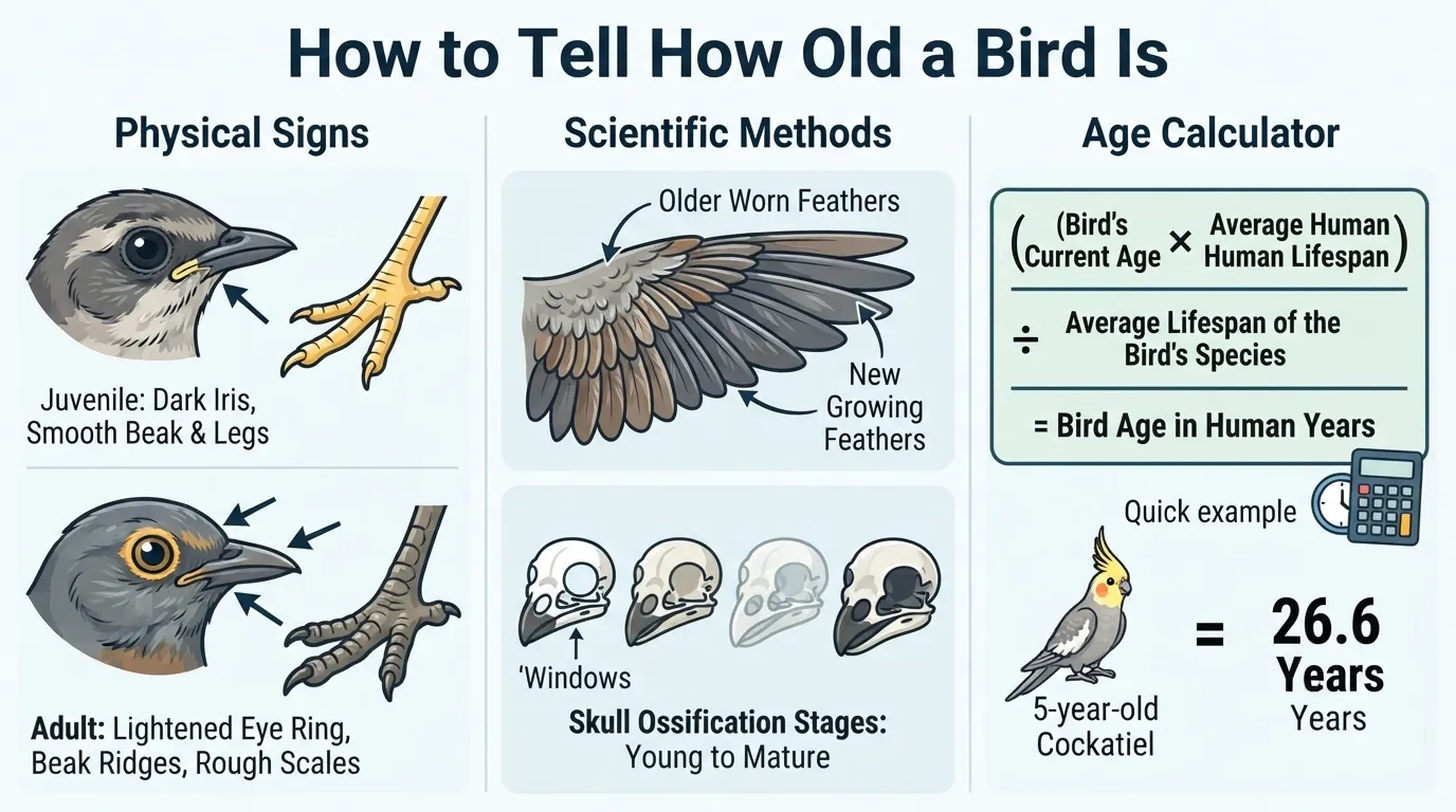 An educational infographic explaining how to determine a bird's age using physical signs, scientific methods, and an age conversion formula.