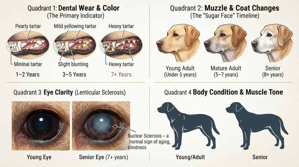 An educational infographic showing how to estimate a dog's age across four quadrants: dental wear and color, muzzle and coat changes, eye clarity (nuclear sclerosis), and body condition.