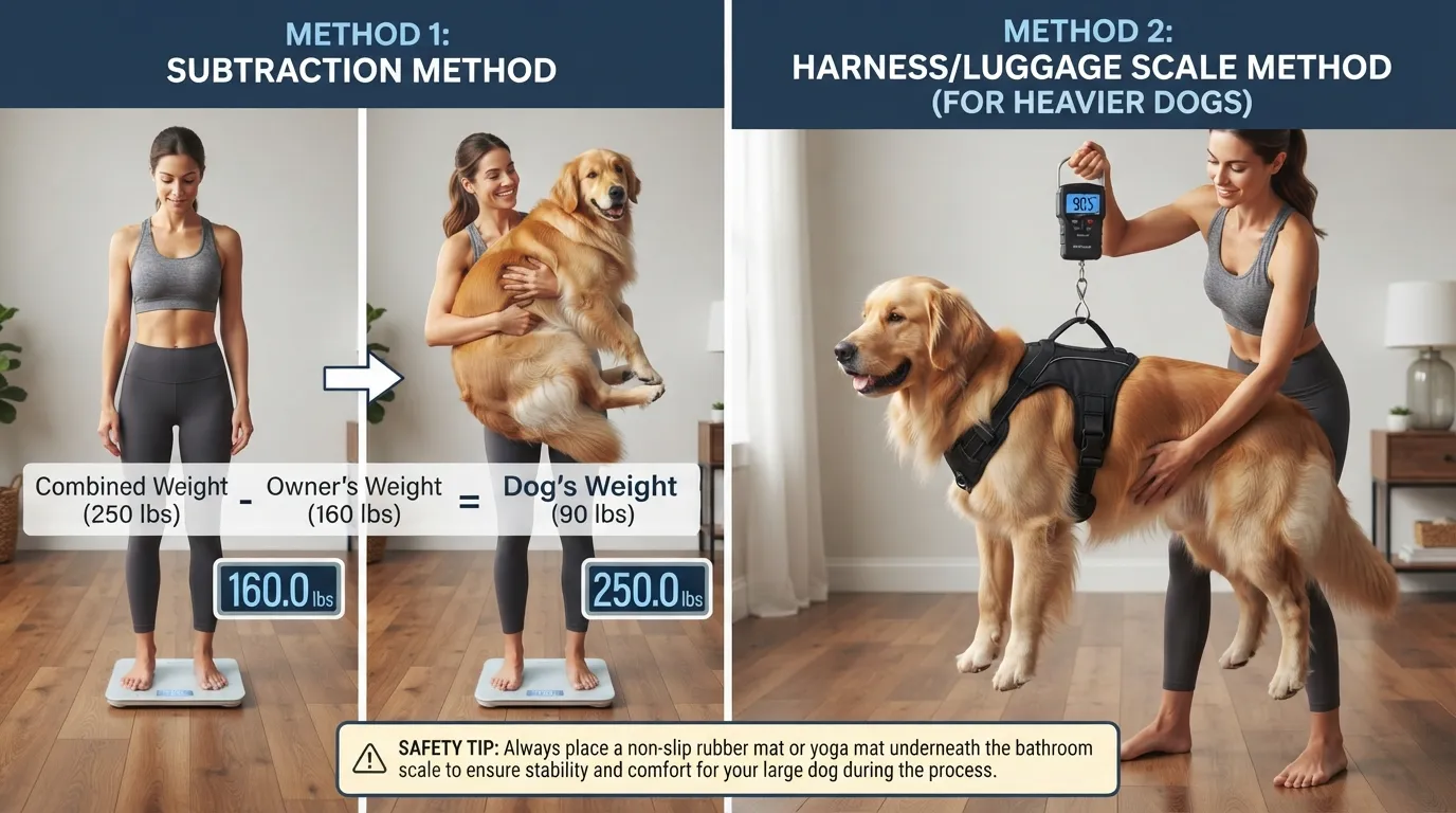 Step-by-step visual infographic showing how to weigh a large dog at home using a digital bathroom scale, step-on method, and a dog harness.