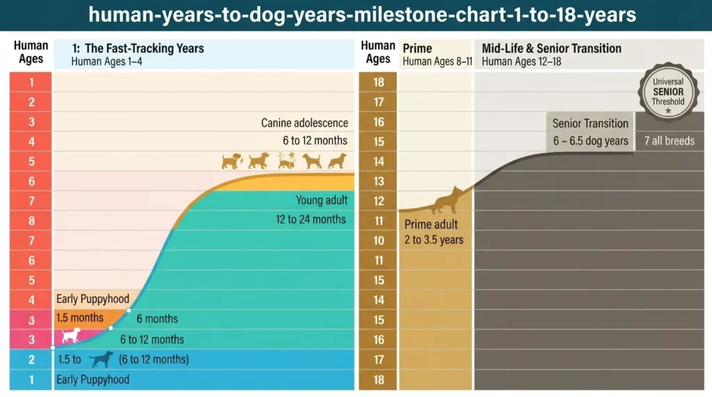 An educational milestone chart mapping human years to dog years from ages 1 to 18, outlining developmental phases like early puppyhood, canine adolescence, prime adult, and senior transition.