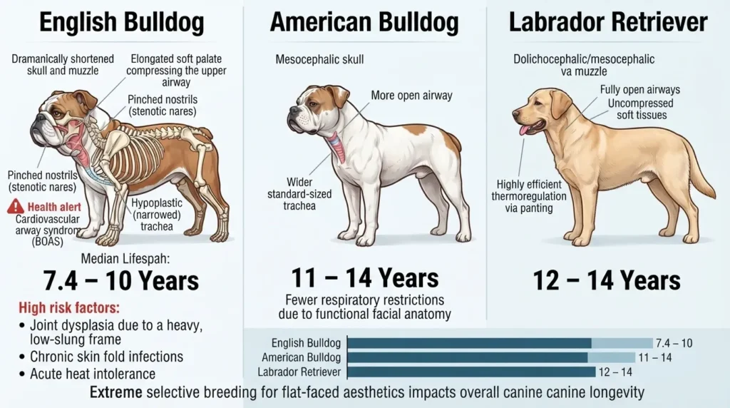 Anatomical comparison diagram of English Bulldog, American Bulldog, and Labrador Retriever showing how selective breeding and flat-faced features reduce lifespan due to respiratory constraints.