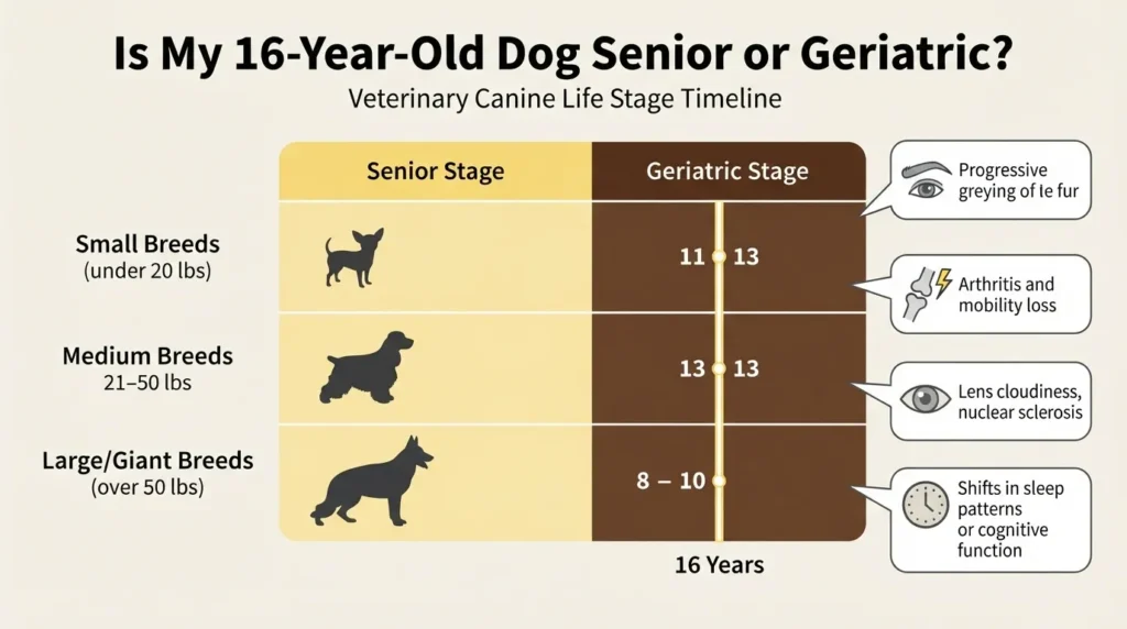 An infographic titled 'Is My 16-Year-Old Dog Senior or Geriatric?' explaining veterinary canine life stages for small, medium, and large breeds with a 16-year timeline marker and aging symptoms like arthritis and graying fur.