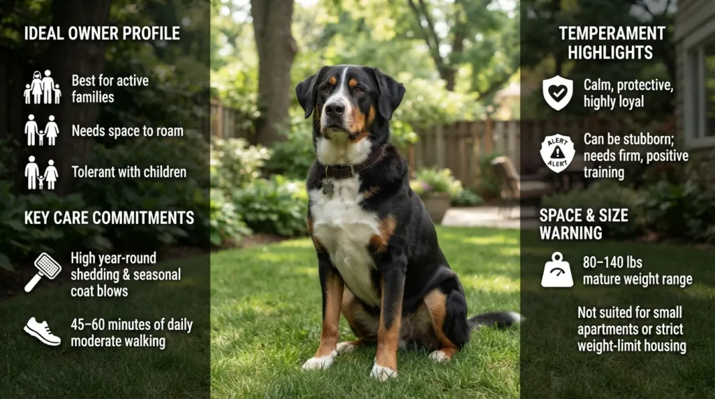 A side-by-side visual checklist displaying a smiling Greater Swiss Mountain Dog and Bernese Mountain Dog mix next to key pros, exercise needs, temperament traits, and space requirements for potential owners.