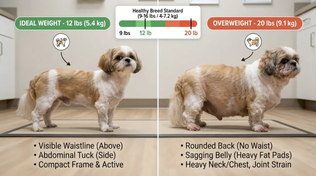 Side-by-side visual comparison of a healthy 12 lb Shih Tzu and a 20 lb overweight Shih Tzu showing body shape, rib visibility, and waistline definition.