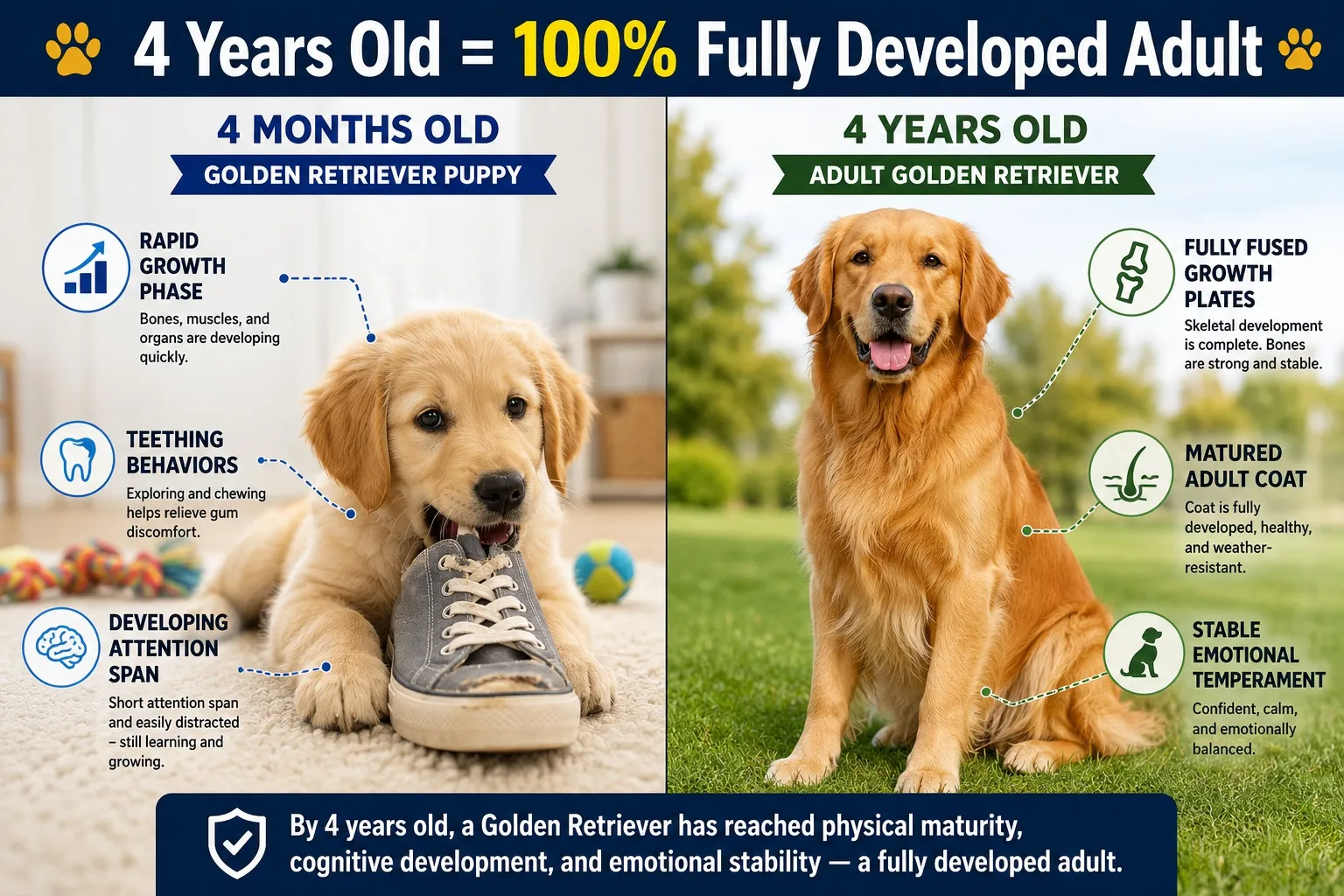 A side-by-side visual chart comparing a 4-year-old dog's fully matured physical features and behavioral traits against the traits of an energetic 4-month-old puppy.