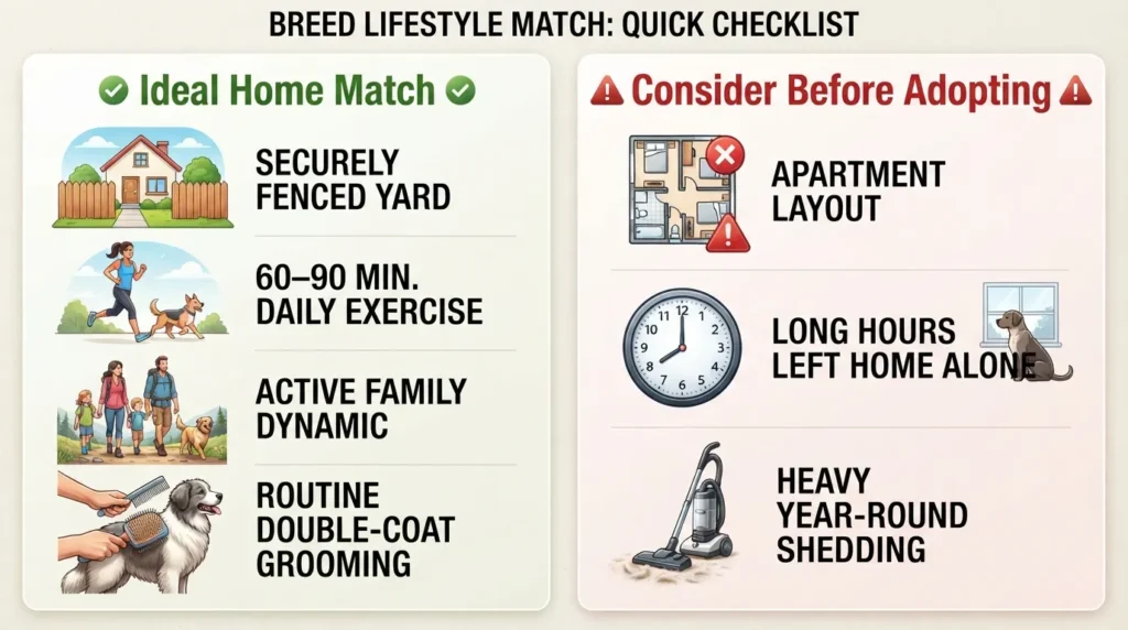 Checklist showing ideal household conditions for a Golden Shepherd mix, including yard space, exercise needs, and family suitability.