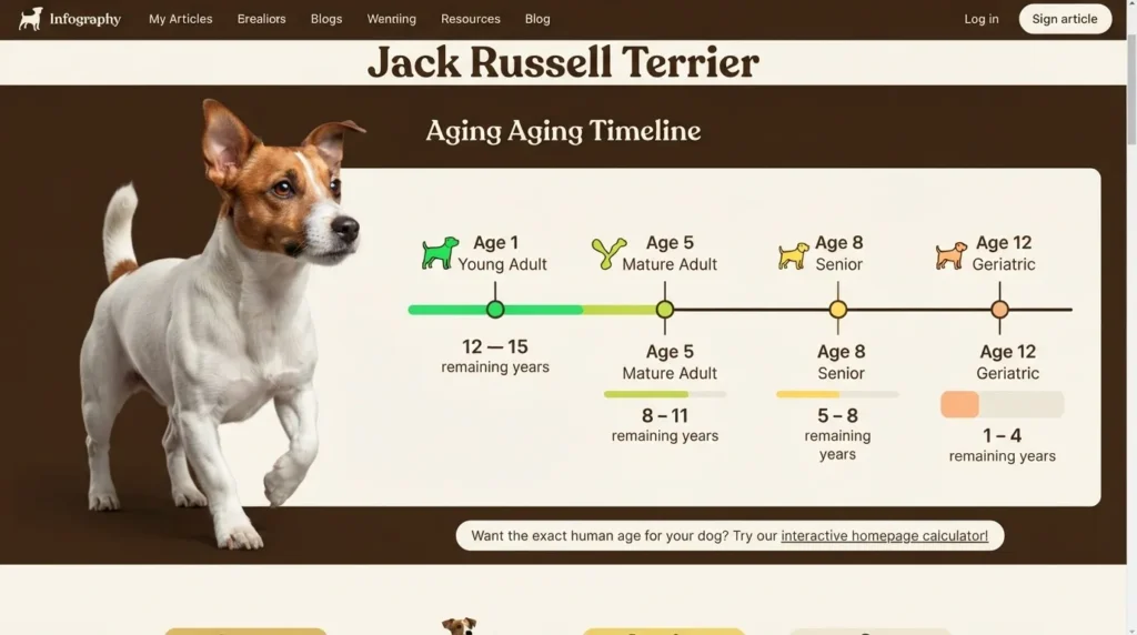 An infographic detailing the Jack Russell Terrier aging timeline from Young Adult to Geriatric stages with remaining life expectancy.
