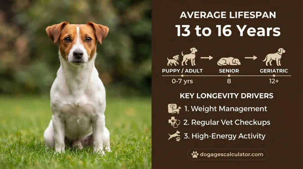 An infographic by dogagescalculator.com displaying a Jack Russell Terrier and its average lifespan of 13 to 16 years, outlining life stages from puppy to geriatric, and key longevity drivers like weight management and vet checkups.