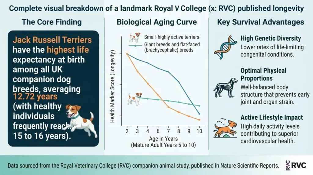 An infographic by dogagescalculator showcasing a Royal Veterinary College study on dog longevity, highlighting Jack Russell Terriers as having the highest average lifespan of 12.72 years and detailing canine biological aging curves.