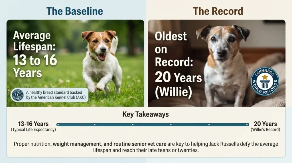 An informational graphic from dogagescalculator comparing the average lifespan of a Jack Russell Terrier (13 to 16 years) with the oldest on record (Willie, 20 years). Features photos of a young, active Jack Russell and an older senior dog, with a timeline at the bottom emphasizing proper nutrition and senior vet care.