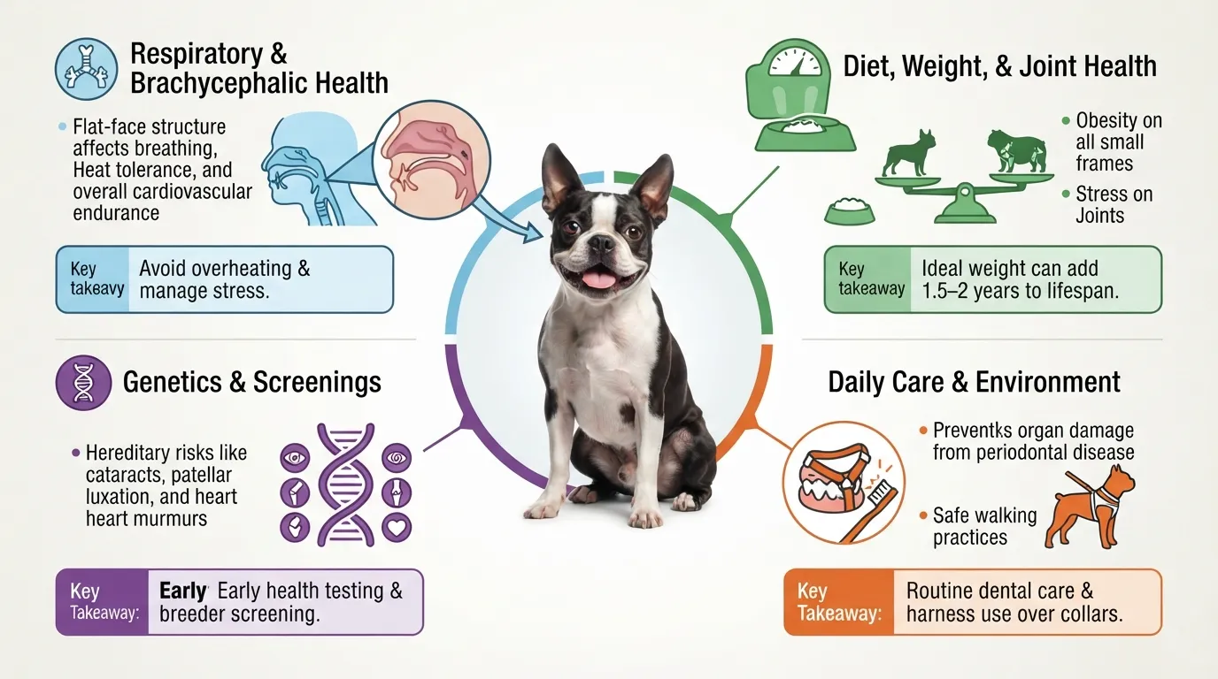 Diagram illustrating the top health, genetic, diet, and environmental factors that affect a Boston Terrier's lifespan.