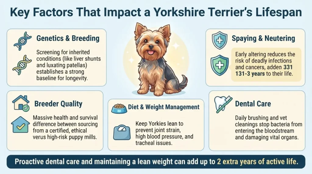 An educational infographic outlining five key factors that impact a Yorkshire Terrier's lifespan, including genetics, breeder quality, diet, spaying/neutering, and dental care.