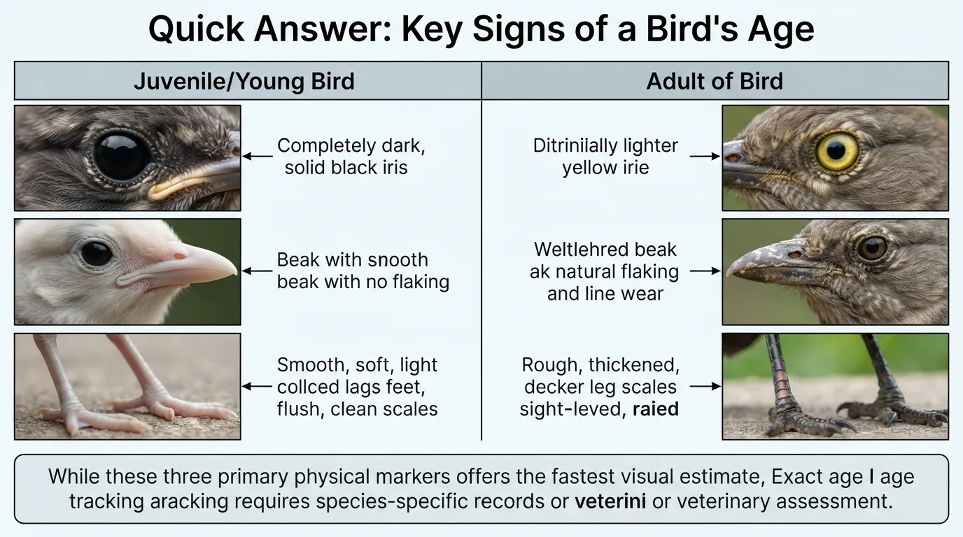 A detailed infographic chart illustrating the key physical signs used to estimate a bird's age, highlighting differences in eye color, beak texture, and leg scales between young and adult birds.