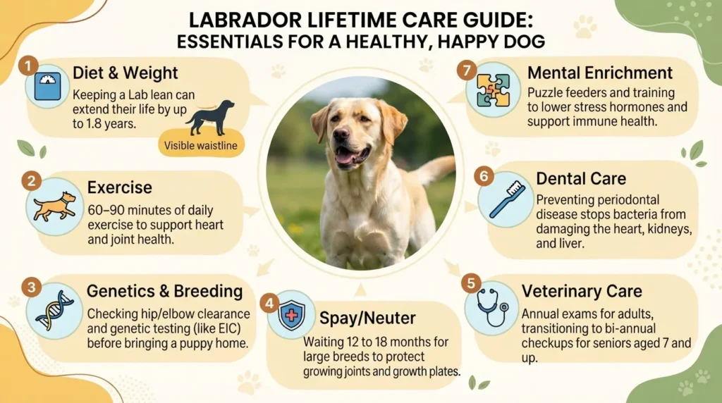 An infographic titled 'Labrador Lifetime Care Guide: Essentials for a Healthy, Happy Dog' featuring seven key areas of care surrounding a yellow Labrador Retriever, including Diet & Weight, Exercise, Genetics & Breeding, Spay/Neuter, Veterinary Care, Dental Care, and Mental Enrichment.