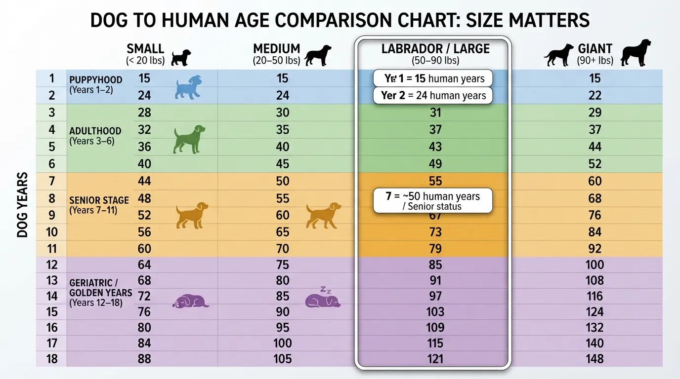 Labrador dog years to human years age comparison chart showing life stages and size category calculations from age 1 to 18 years.