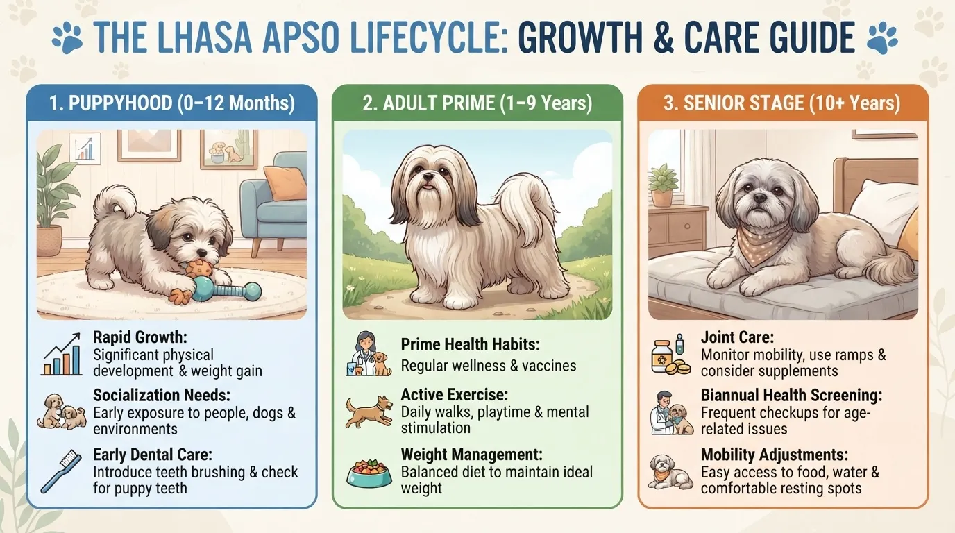 An infographic titled 'The Lhasa Apso Lifecycle: Growth & Care Guide' by Dog Ages Calculator. It outlines three main stages: Puppyhood (0-12 months) detailing rapid growth and socialization; Adult Prime (1-9 years) focusing on active exercise and weight management; and Senior Stage (10+ years) highlighting joint care and mobility adjustments, each depicted with an adorable Lhasa Apso illustration.