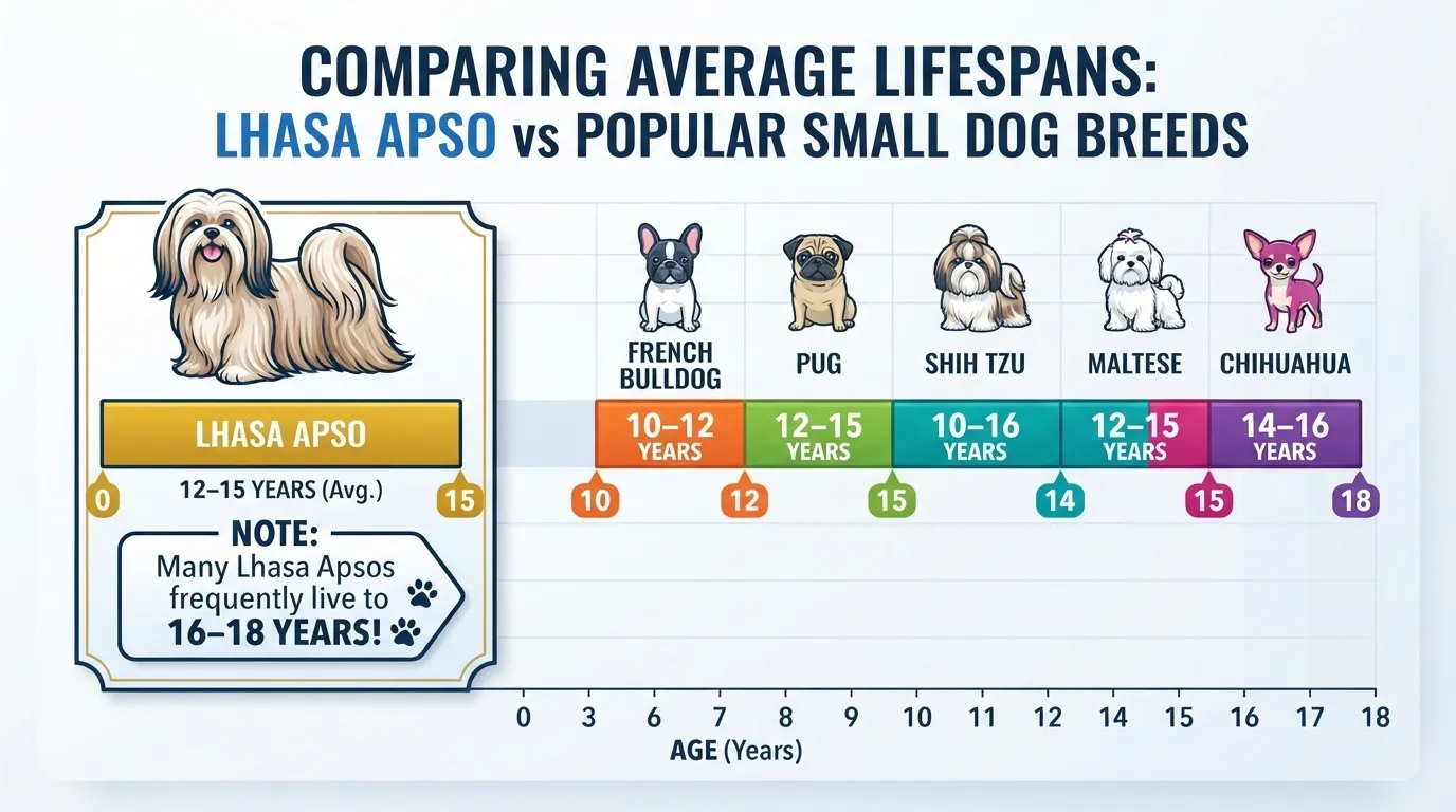 An infographic comparing the average lifespan of a Lhasa Apso with French Bulldogs, Pugs, Shih Tzus, Malteses, and Chihuahuas.