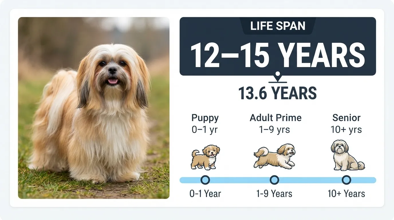 An infographic showing the Lhasa Apso dog breed life span of 12-15 years, with average age of 13.6 years, split into Puppy, Adult Prime, and Senior stages beside a fluffy Lhasa Apso dog.