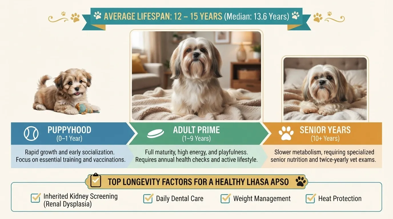 An infographic illustrating the Lhasa Apso life stages from puppyhood (0-1 year), adult prime (1-9 years), to senior years (10+ years), showcasing an average lifespan of 12-15 years and key health management factors.