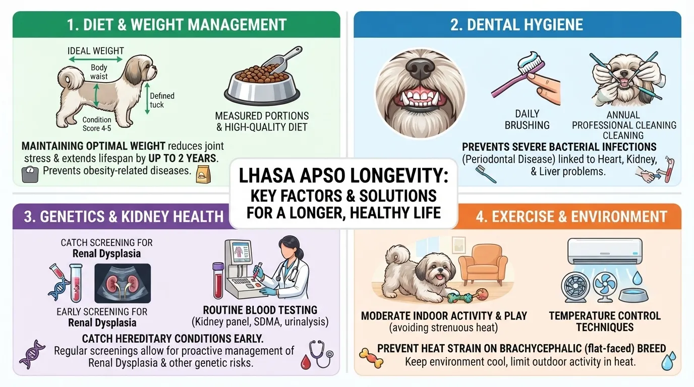 An infographic outlining Lhasa Apso longevity tips, divided into four categories: Diet & Weight Management, Dental Hygiene, Genetics & Kidney Health, and Exercise & Environment. It features illustrations of an ideal weight dog, teeth brushing, genetic kidney screenings, and cooling methods for flat-faced breeds.
