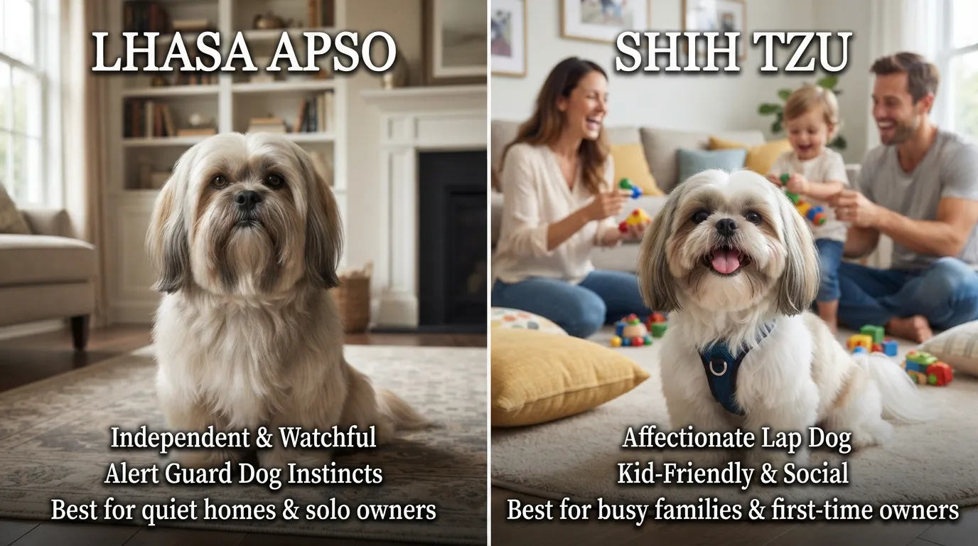 Side-by-side visual comparison showing a Lhasa Apso and a Shih Tzu sitting together, highlighting key personality traits and lifestyle fits for both breeds.