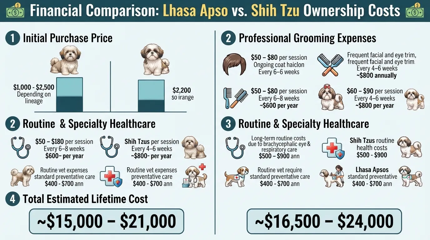 Infographic chart comparing initial puppy price, professional grooming fees, healthcare costs, and overall lifetime ownership expenses between a Lhasa Apso and a Shih Tzu.