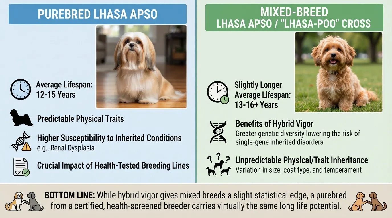An educational infographic comparing the lifespan, genetic health, and traits of a Purebred Lhasa Apso and a Mixed-Breed Lhasa-Poo.