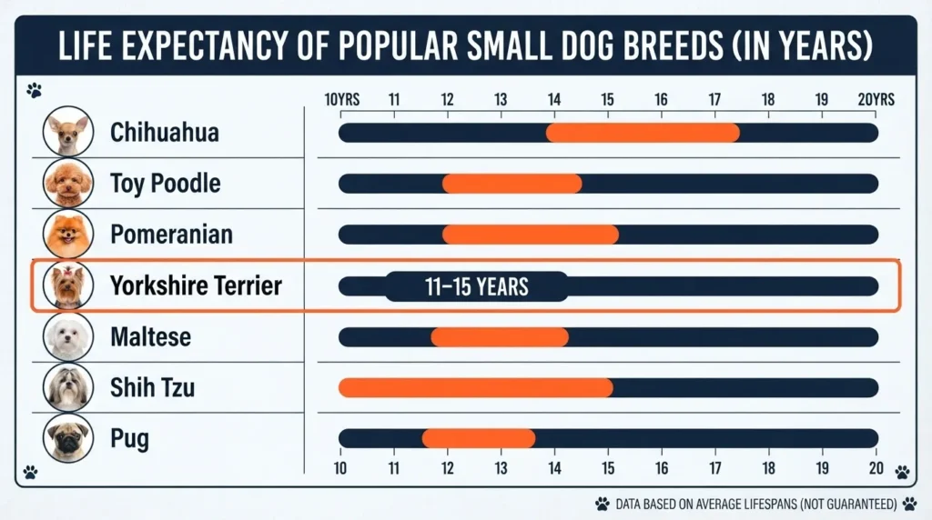 An infographic chart displaying the life expectancy of popular small dog breeds including Chihuahua, Toy Poodle, Pomeranian, Yorkshire Terrier, Maltese, Shih Tzu, and Pug, mapping their typical lifespans in years.