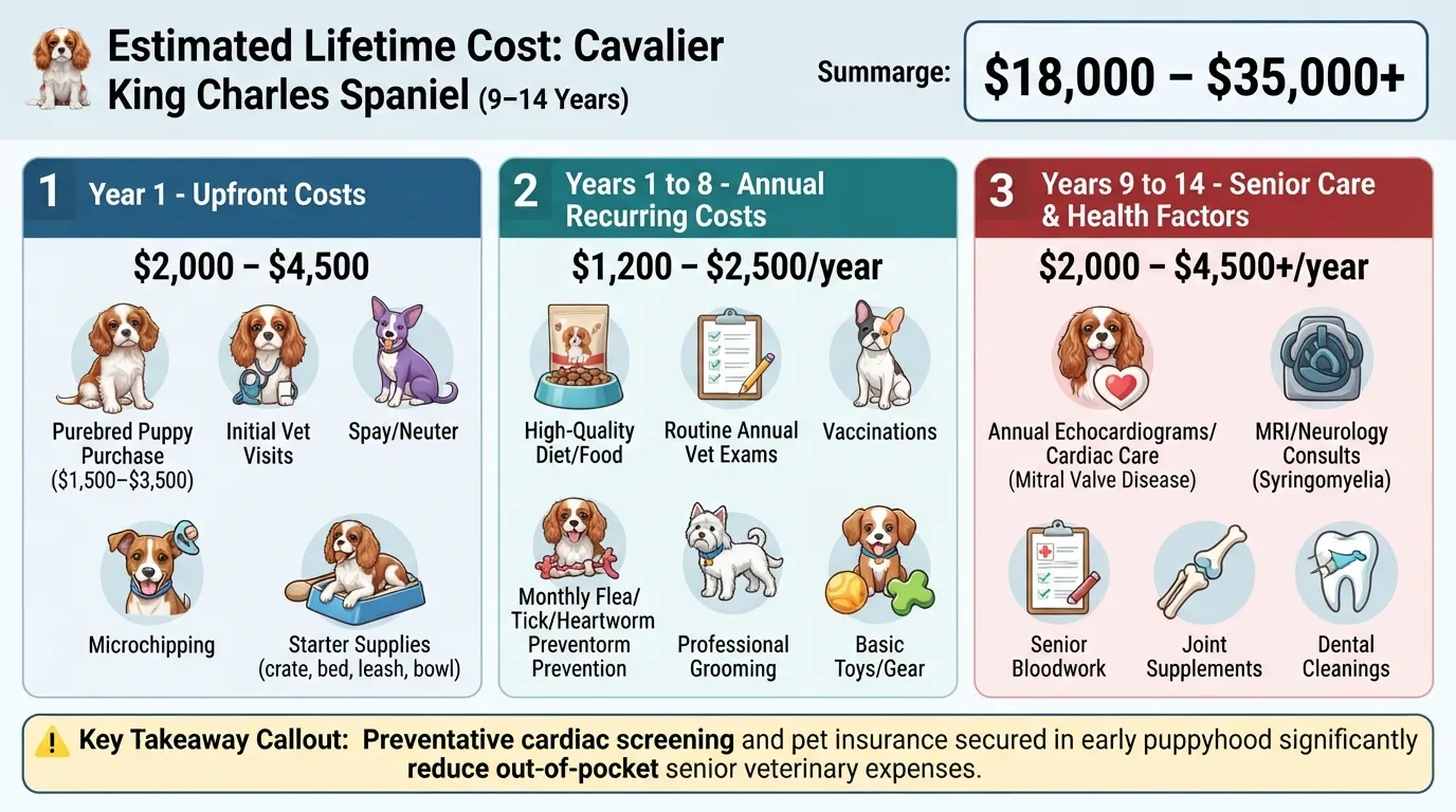 An infographic displaying the total 9 to 14 year lifetime cost of owning a Cavalier King Charles Spaniel, breaking down initial puppy purchase, annual medical care, food, and senior health expenses.