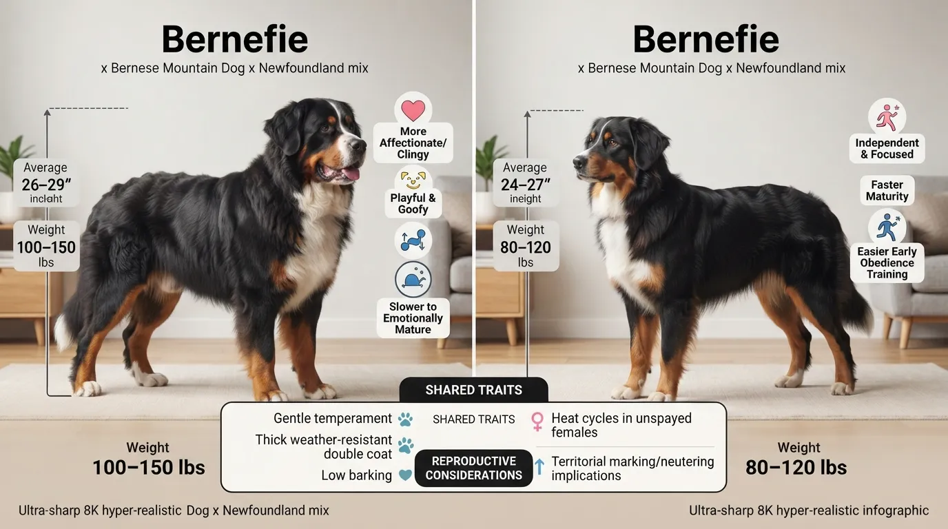 Side-by-side comparison of a male Bernefie and a female Bernefie standing together on a grassy lawn, highlighting physical build and height differences.