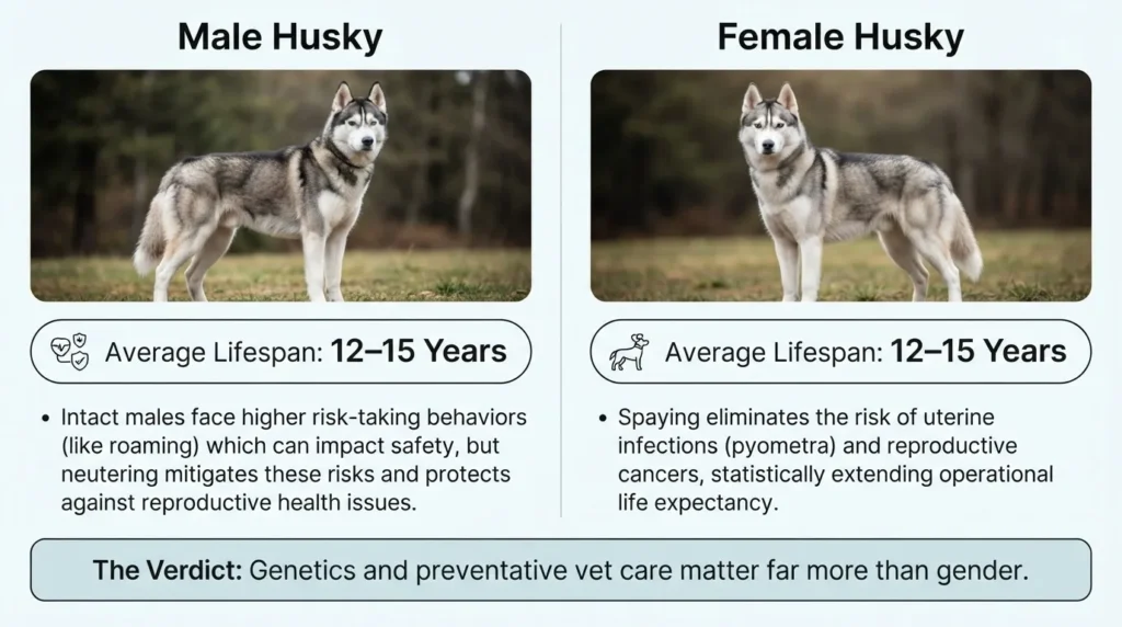 An informational graphic comparing male and female Siberian Husky lifespans, showing both average 12-15 years, detailing health risks and the benefits of spaying and neutering.